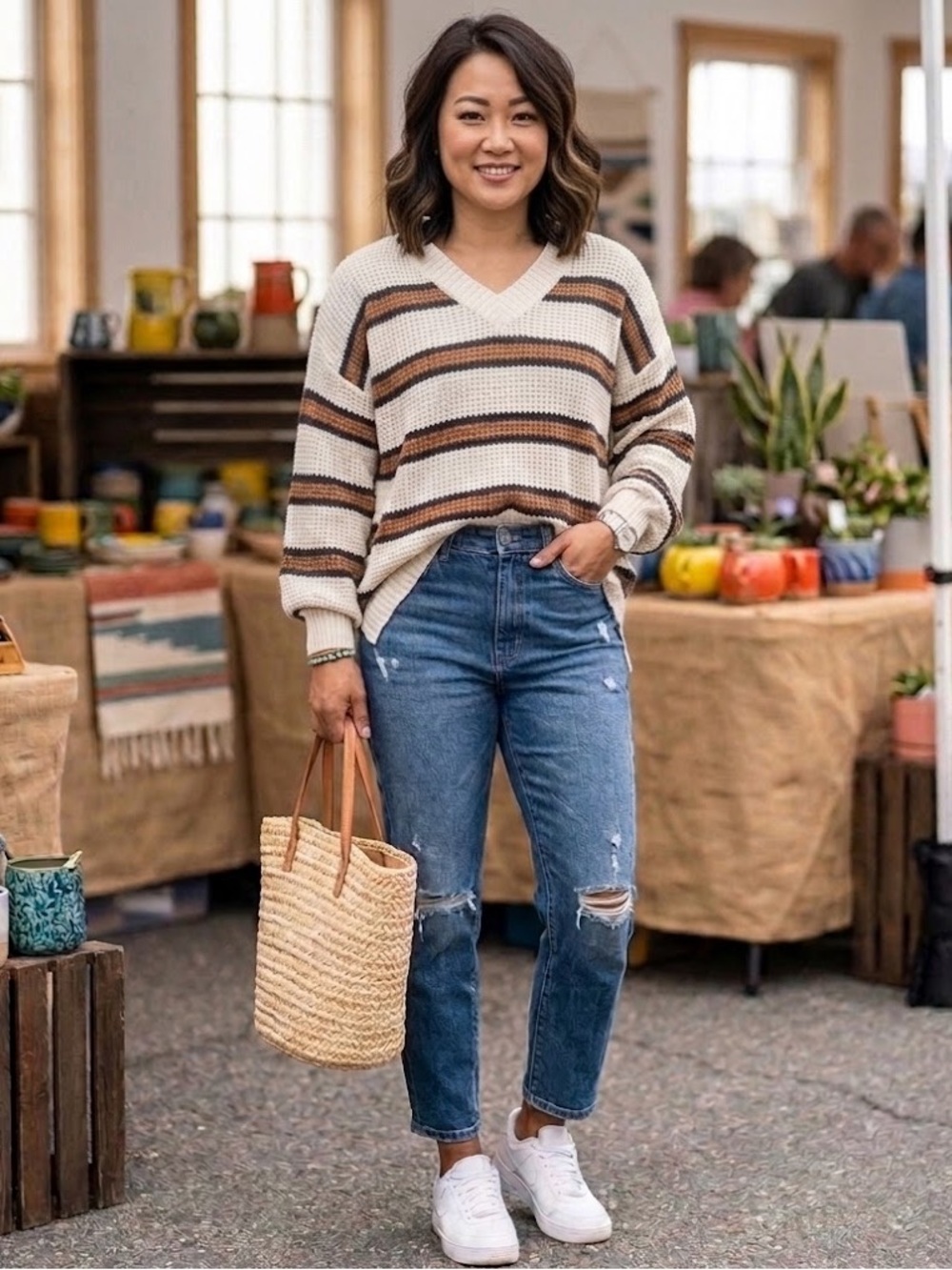 AE Oversized Slouchy Soft + Cozy Relaxed Striped V-Neck Balloon Sleeve Sweater